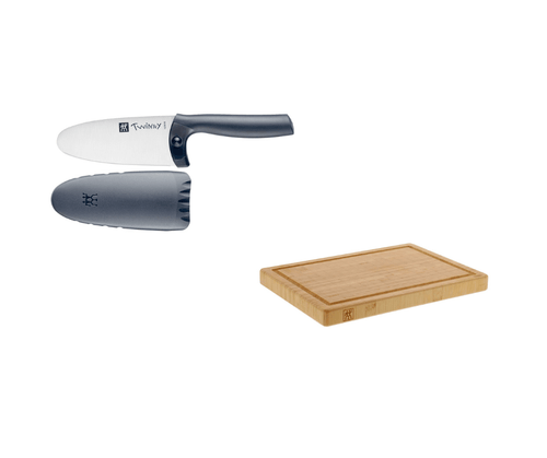 Keukenprins starterpack Zwilling Twinny kindermes blauw en snijplank bamboe