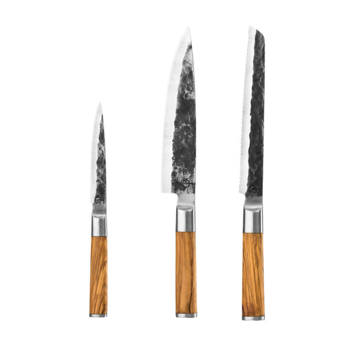 Geschmiedetes Messerset, 3-teilig (Brotmesser), Olive