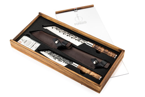 Geschmiedetes Bunka-Messerset VG10 mit Lederscheiden
